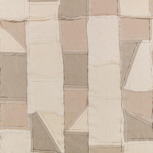 Warm cream and taupe woven patchwork with irregular seams and angular inset panels