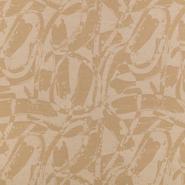 Warm beige fabric with tan abstract brushstrokes and softly woven texture