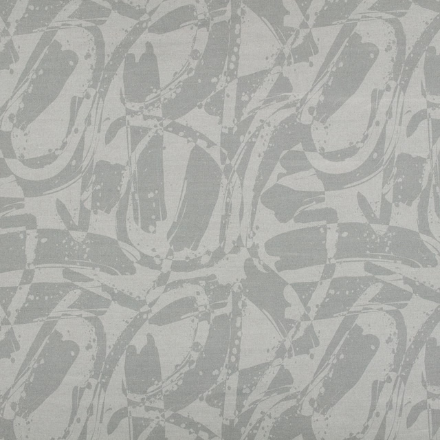 Cool grey fabric with darker painterly loops, strokes and a softly grainy surface
