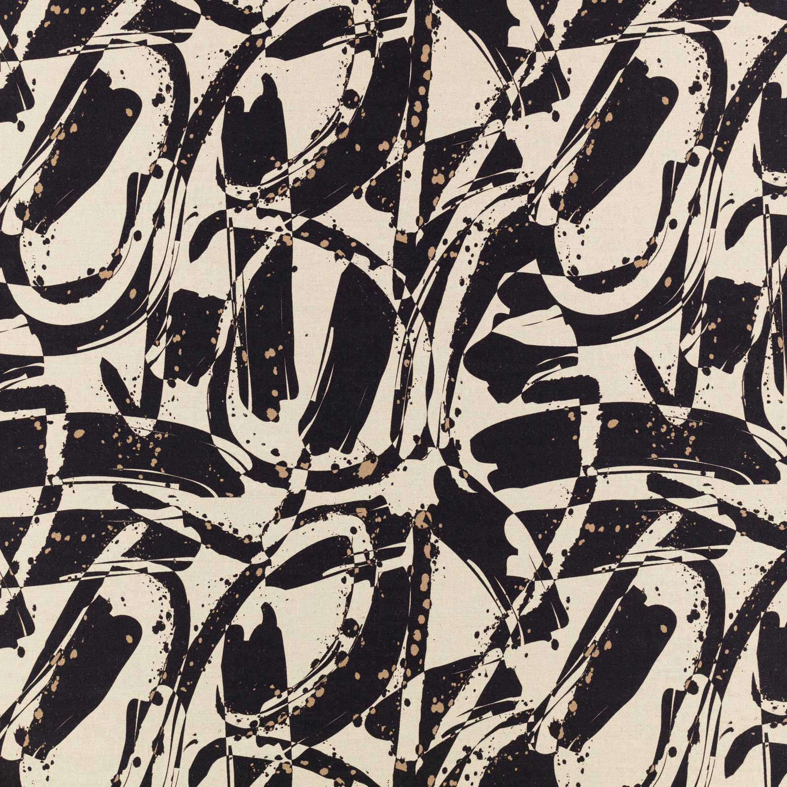 Cream and black abstract brushstrokes with scattered ink-like flecks