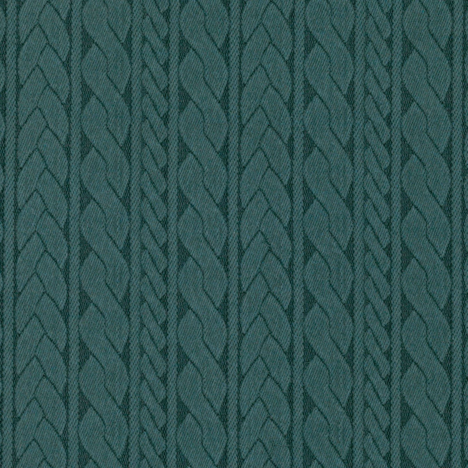 Deep teal-green woven swatch with vertical braided cords and pointed leaf motifs