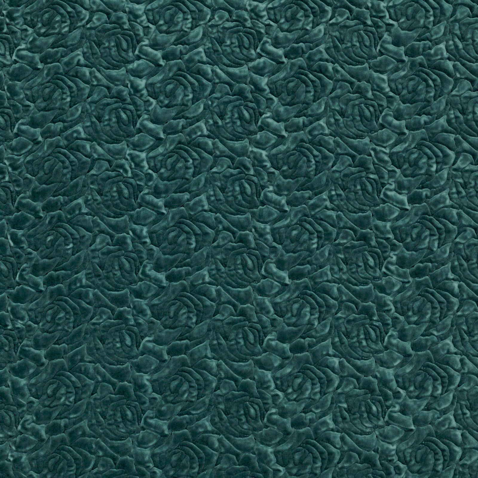 Deep teal fabric with densely raised, small rose-like organic texture