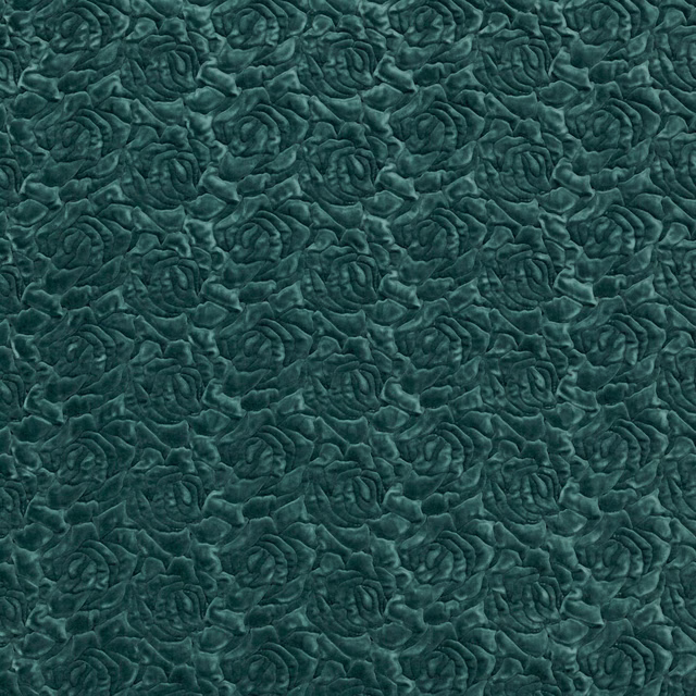 Deep teal fabric with densely raised, small rose-like organic texture