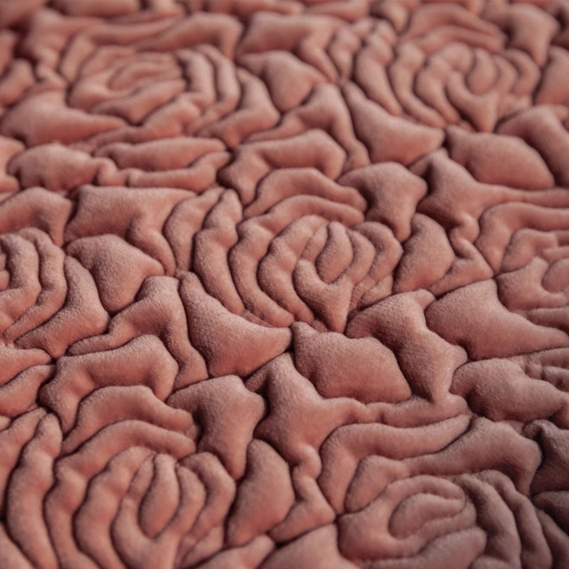 Close-up of plush dusty rose fabric with densely raised sculpted rose motifs