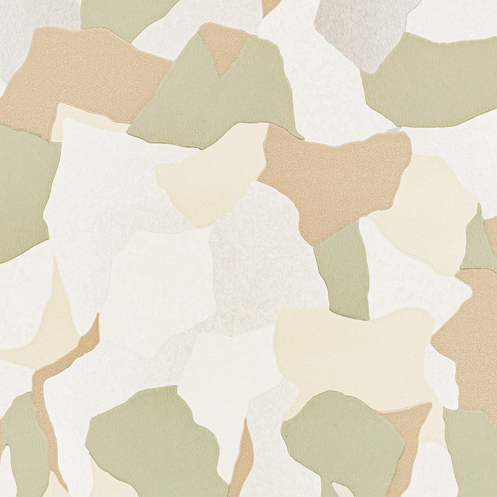 Pale pistachio wallpaper with large cream, beige and grey abstract organic shapes