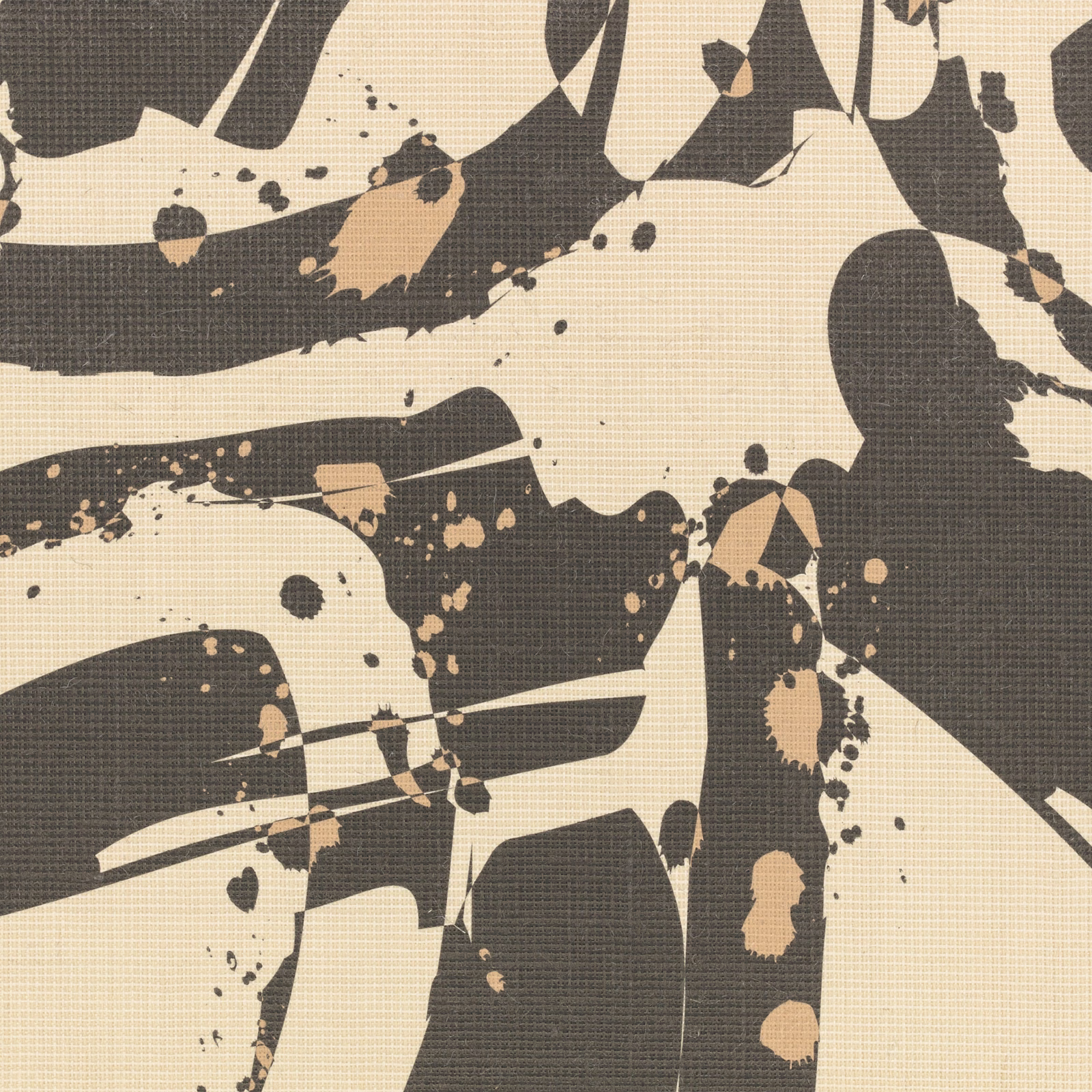 Warm ivory wallpaper with charcoal abstract brush forms and muted tan flecks