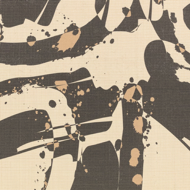Warm ivory wallpaper with charcoal abstract brush forms and muted tan flecks