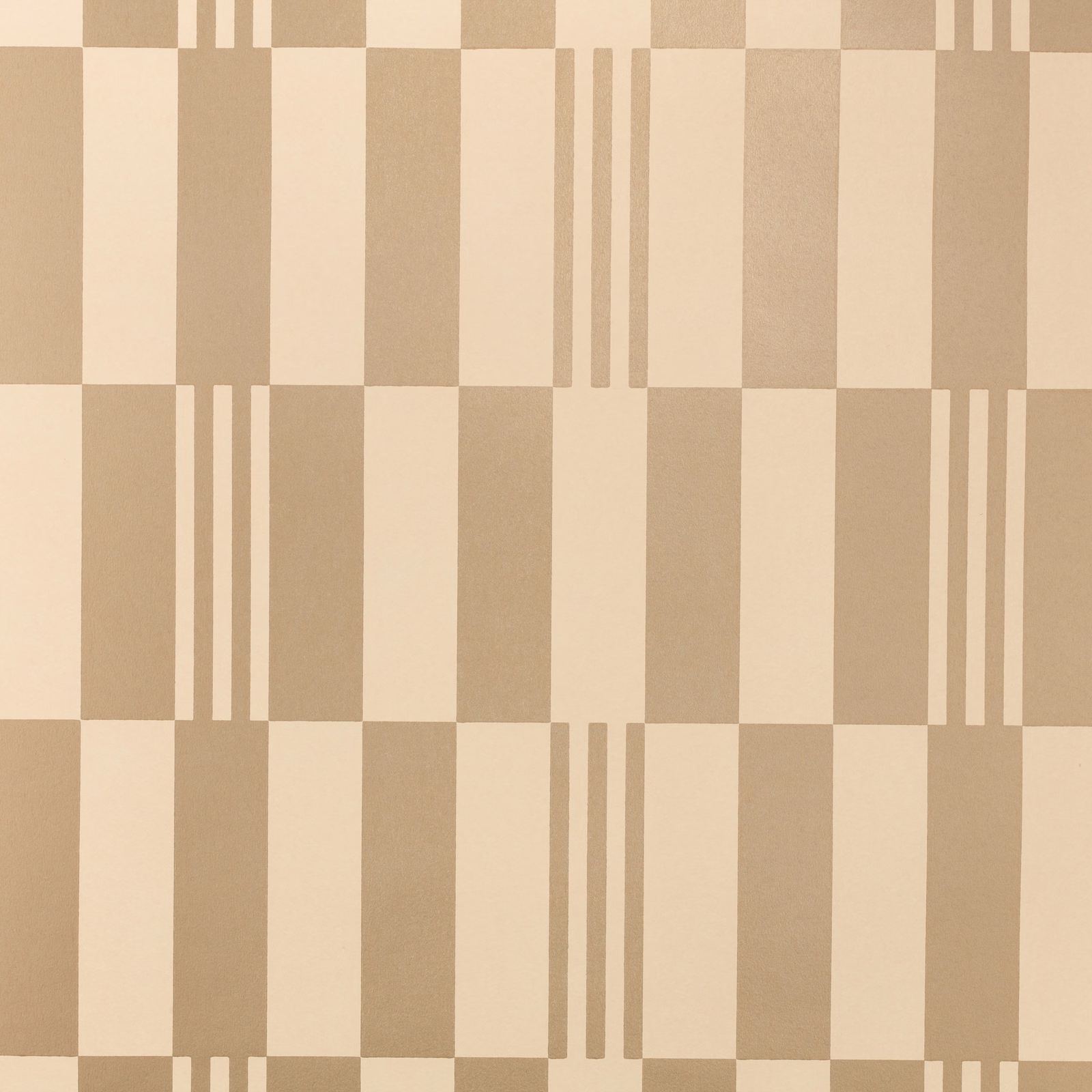 Champagne beige metallic checkerboard wallcovering with cream squares and narrow vertical stripes