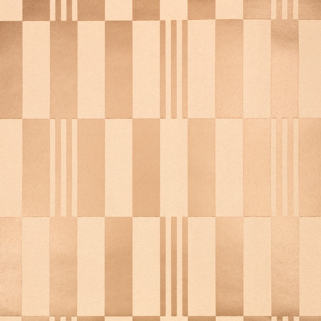 Warm rose-gold geometric wallcovering with alternating blocks and narrow vertical stripes