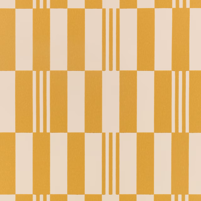 Mustard-yellow and cream checkerboard wallpaper with narrow vertical stripe details