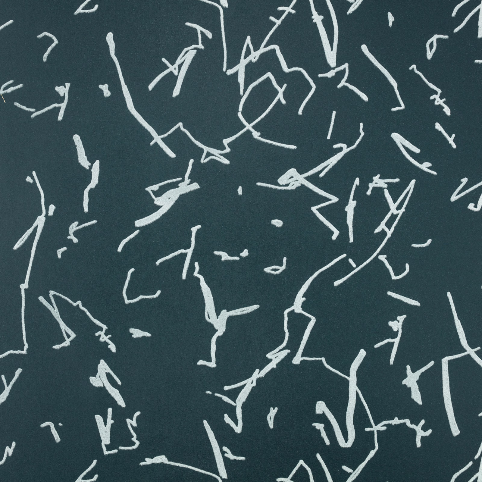 Deep teal wallpaper with scattered chalk-white abstract scribble marks