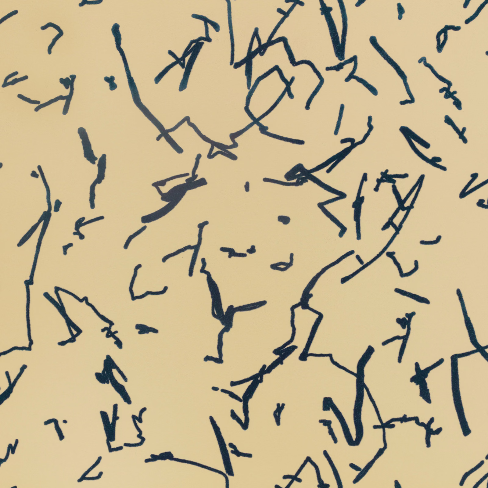 Warm ochre wallpaper with scattered expressive navy-blue scribble marks