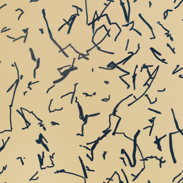 Warm ochre wallpaper with scattered expressive navy-blue scribble marks