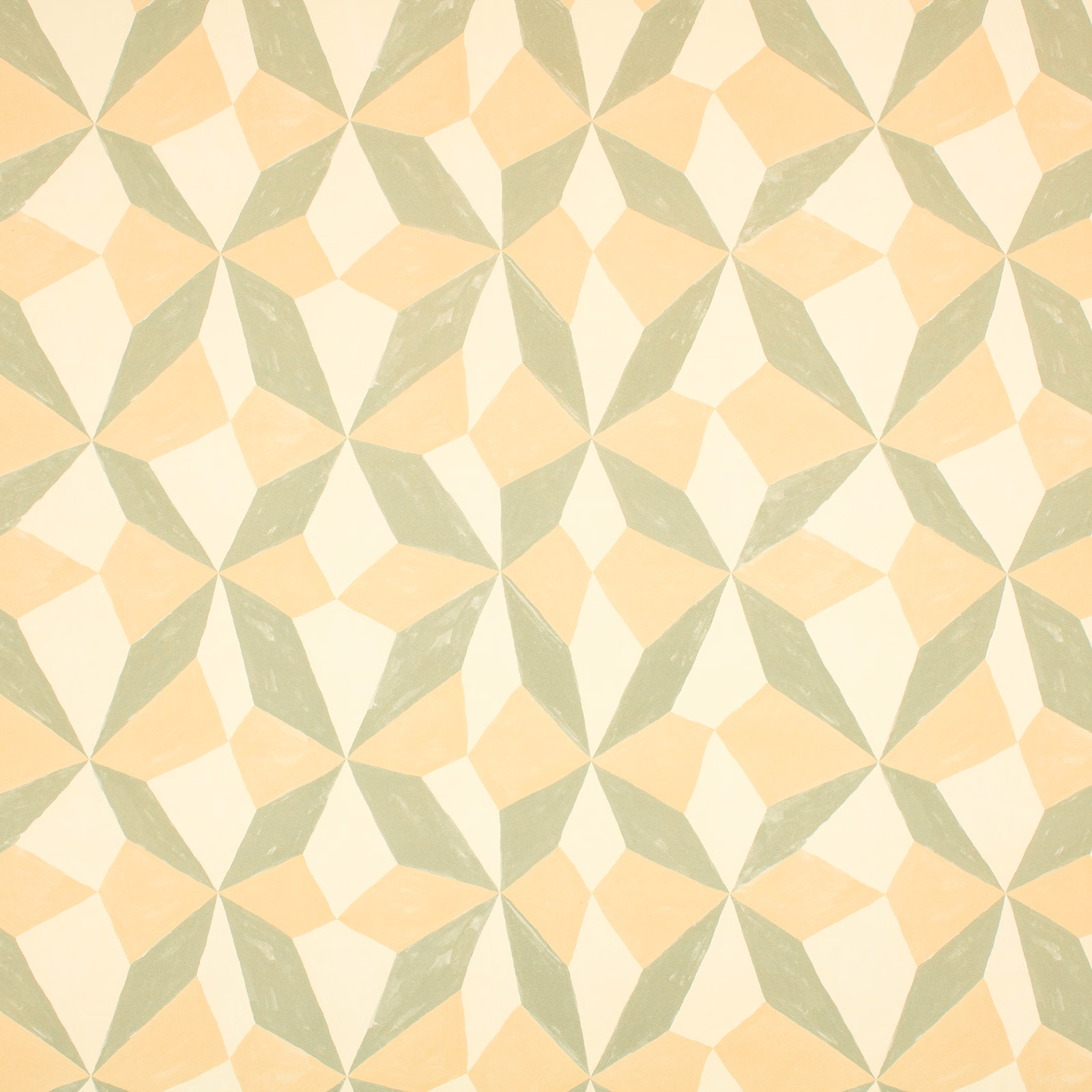Pistachio green, cream and apricot geometric star wallpaper with softly mottled printed facets