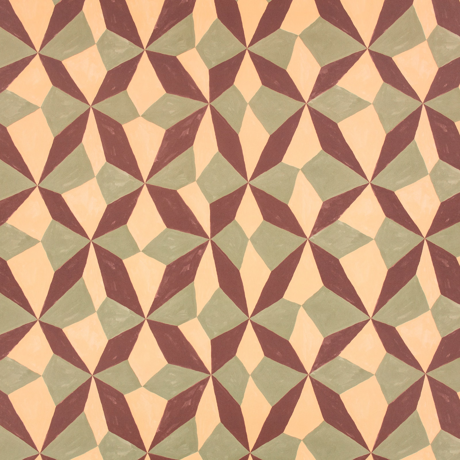 Burgundy, sage and peach geometric star wallpaper with softly mottled printed texture