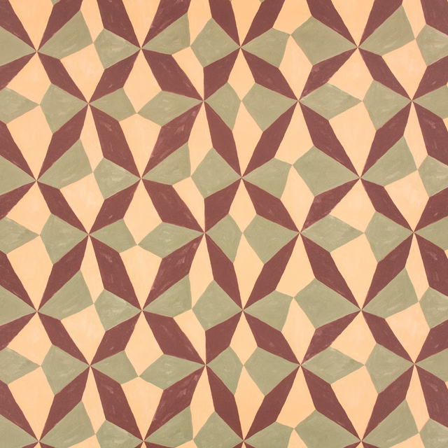 Burgundy, sage and peach geometric star wallpaper with softly mottled printed texture