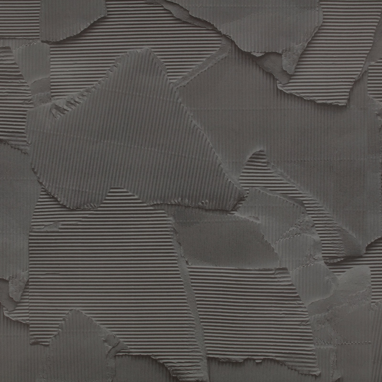 Carbon-grey wallpaper with torn layered shapes and fine horizontal ribbing