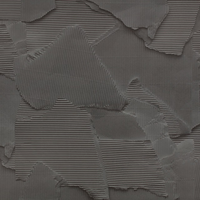 Carbon-grey wallpaper with torn layered shapes and fine horizontal ribbing