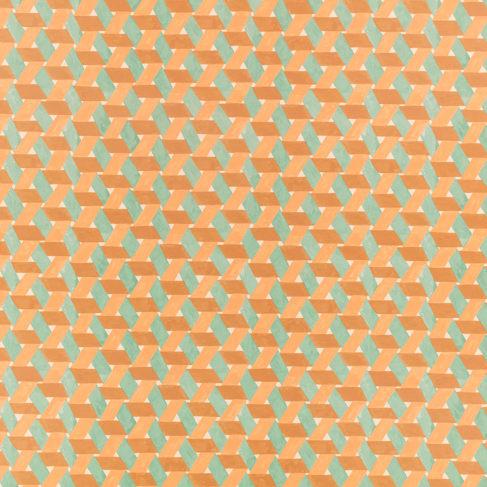 Peach and mint wallpaper with a small repeating angular geometric pattern