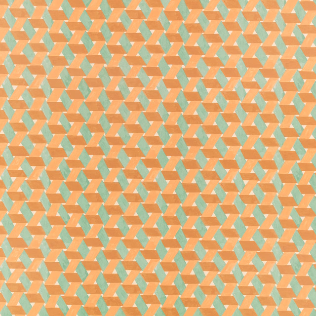 Peach and mint wallpaper with a small repeating angular geometric pattern