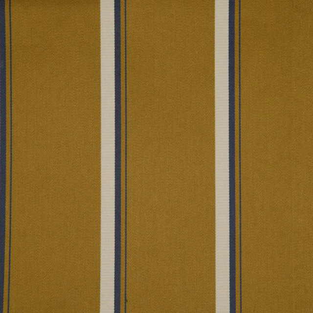 Mustard-gold fabric with cream and dark blue vertical stripes and fine woven texture