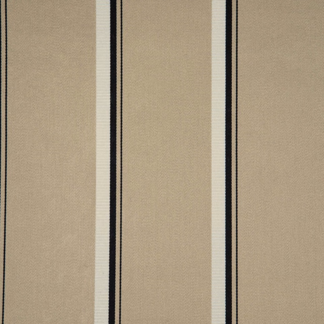Warm mastic beige woven fabric with slim charcoal vertical stripes