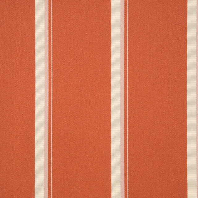 Warm paprika terracotta fabric with broad vertical stripes and slim cream bands