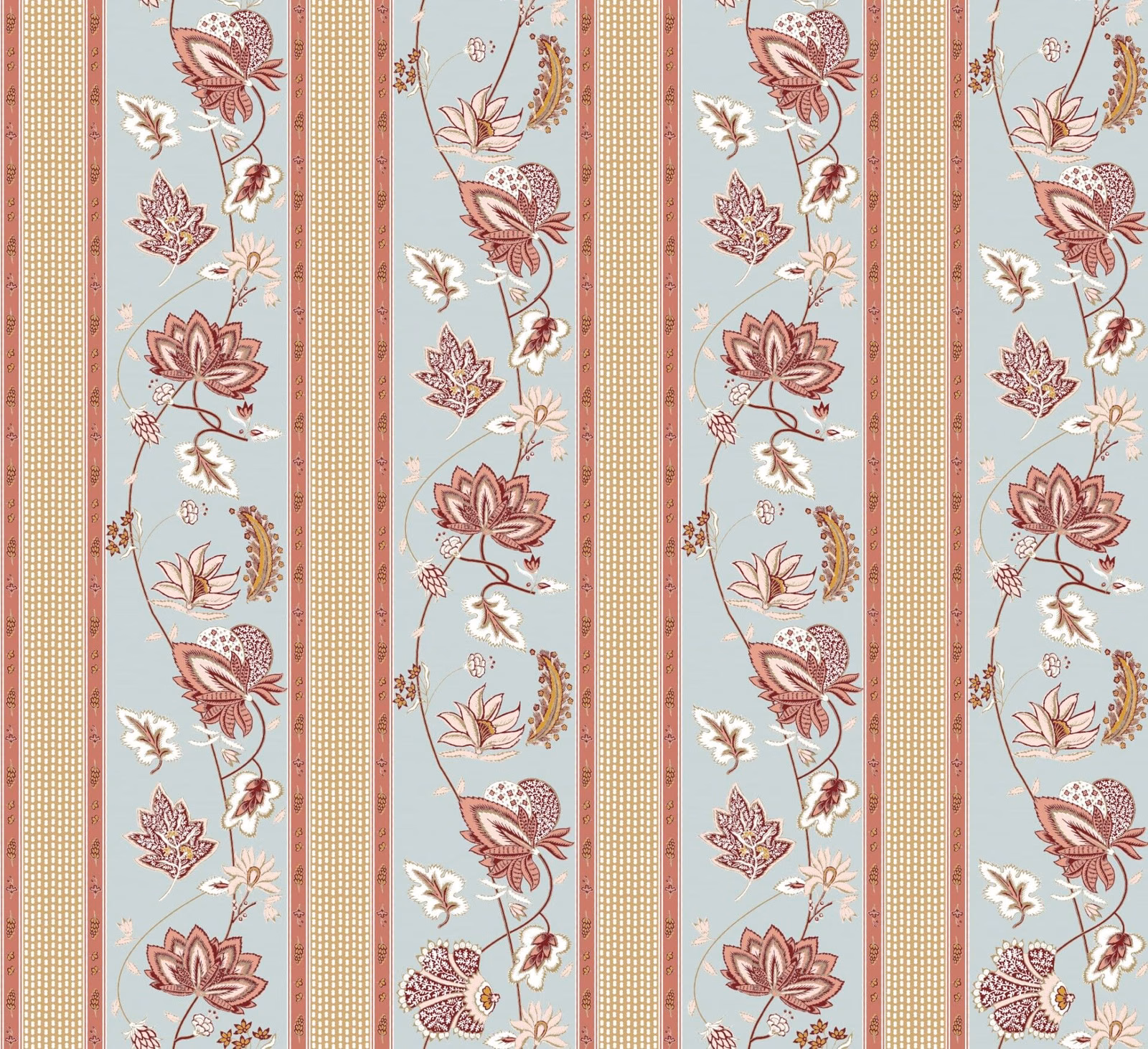 Pale blue-grey floral stripe with dusty rose blossoms and ochre borders