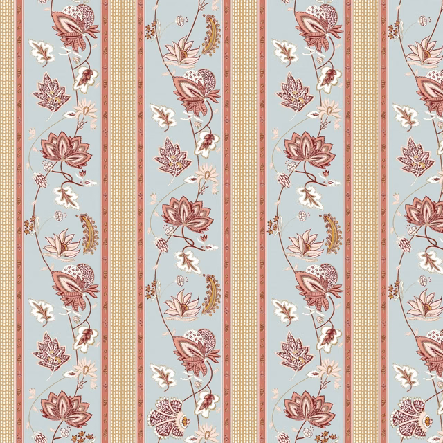 Pale blue-grey floral stripe with dusty rose blossoms and ochre borders