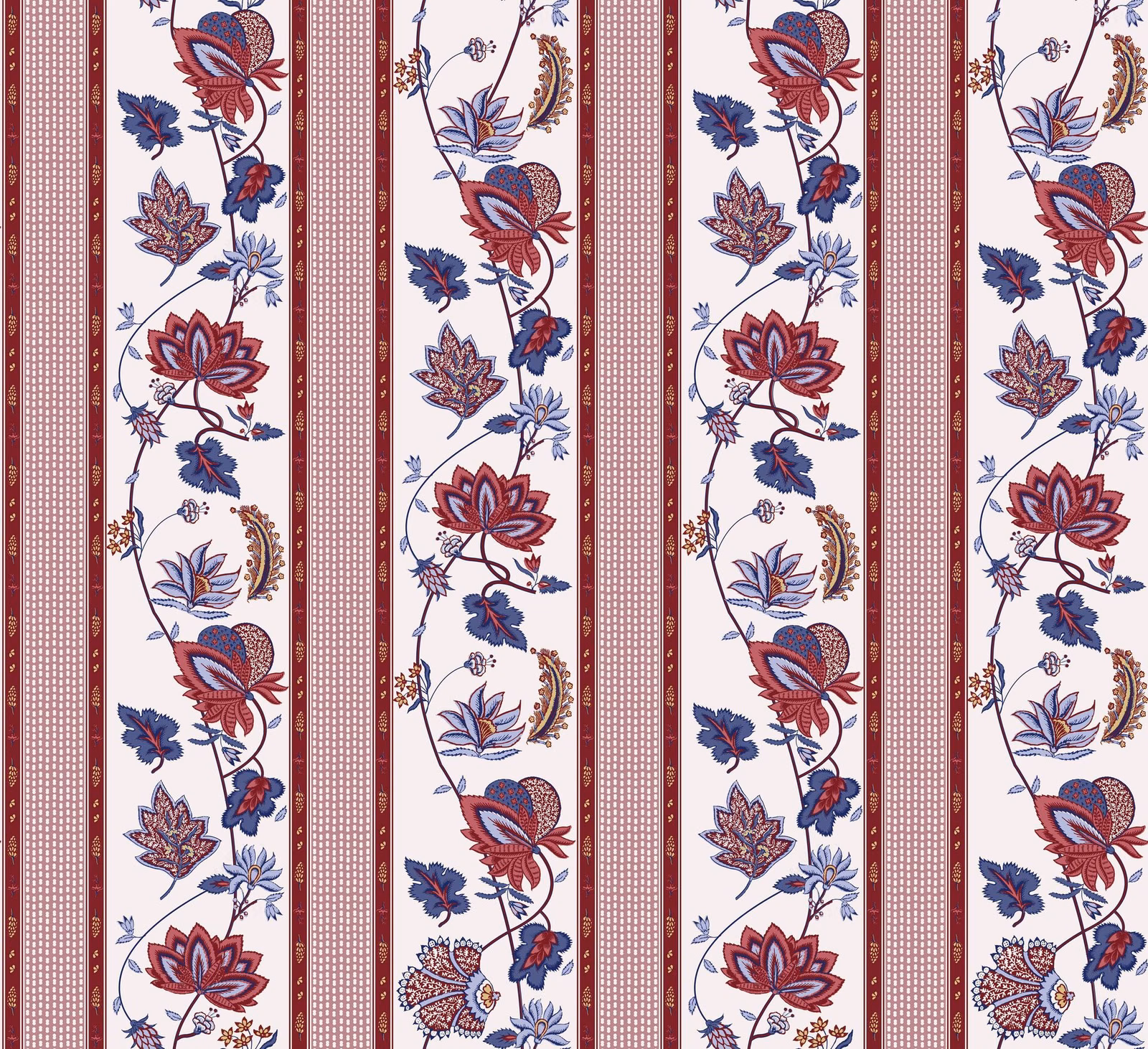 Cream floral stripe with burgundy panels, navy leaves and fine geometric borders