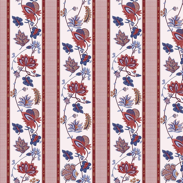 Cream floral stripe with burgundy panels, navy leaves and fine geometric borders