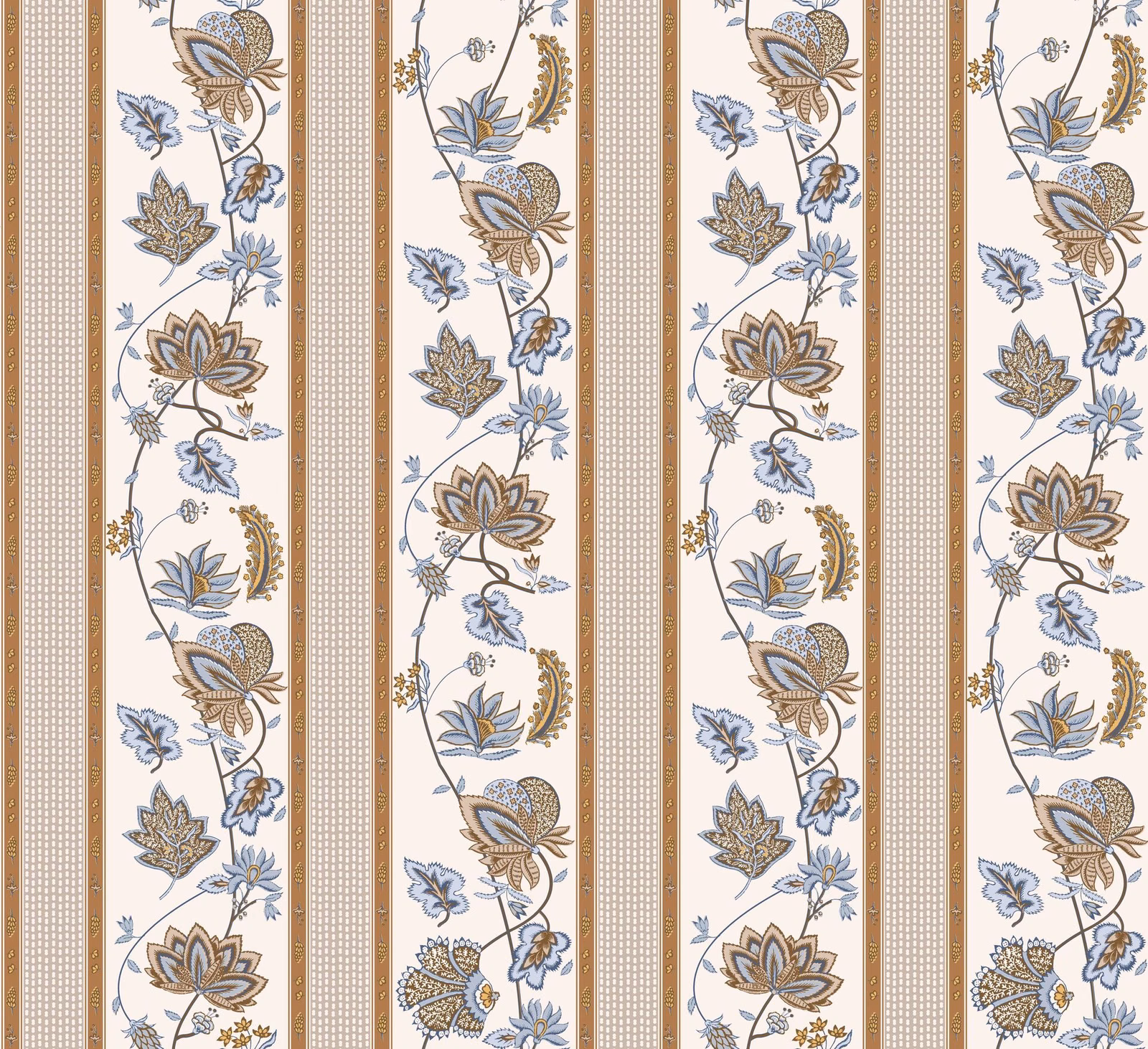 Warm natural cream striped fabric with muted blue, ochre and taupe floral sprays