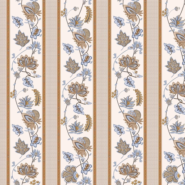 Warm natural cream striped fabric with muted blue, ochre and taupe floral sprays