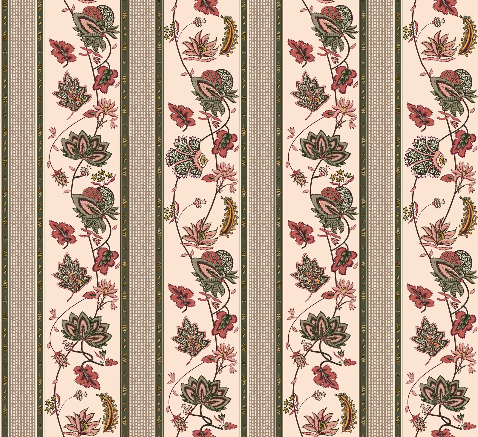 Antique cream striped fabric with olive vines, burgundy flowers and muted gold details