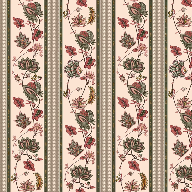 Antique cream striped fabric with olive vines, burgundy flowers and muted gold details