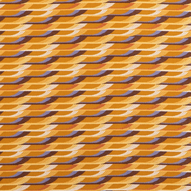 Amber ochre woven fabric with cream and plum curved wave motifs in rows