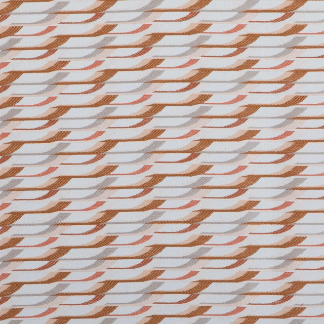 Blush and terracotta curved bands woven across a warm cream ground