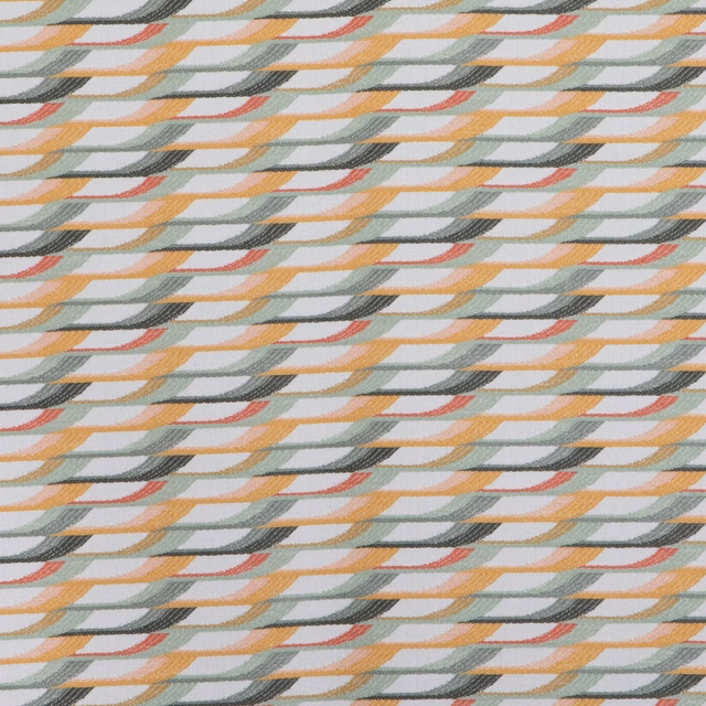 Celadon fabric with repeating sage, coral, ochre and charcoal curved bands