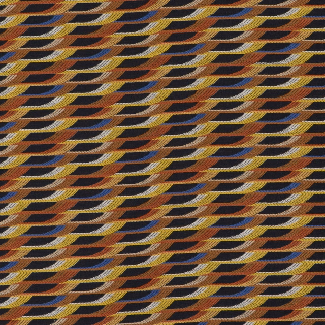 Deep indigo woven ground with staggered ochre, rust, ivory and blue curved motifs
