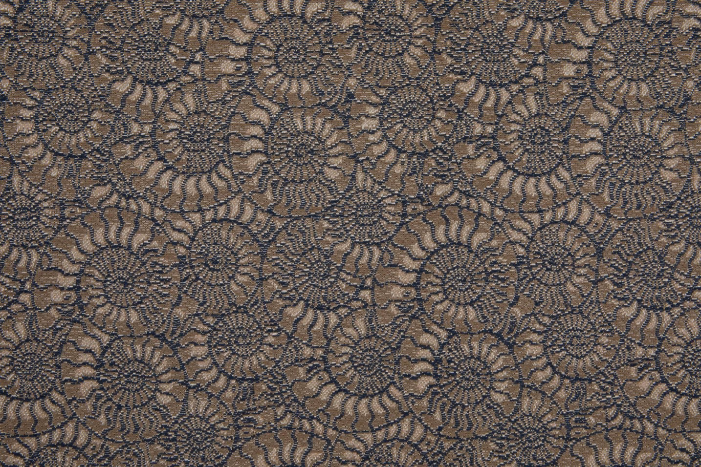 Warm taupe textile with charcoal rosettes and dense scrolling botanical linework