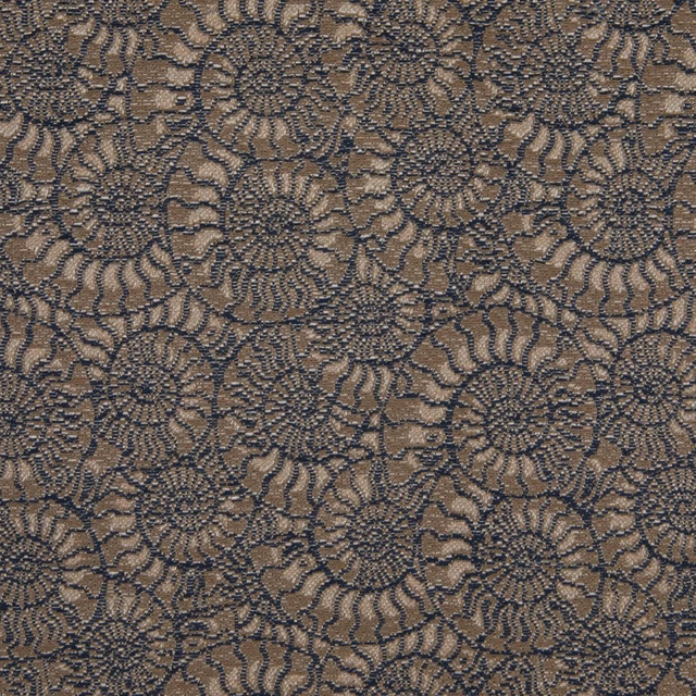 Warm taupe textile with charcoal rosettes and dense scrolling botanical linework