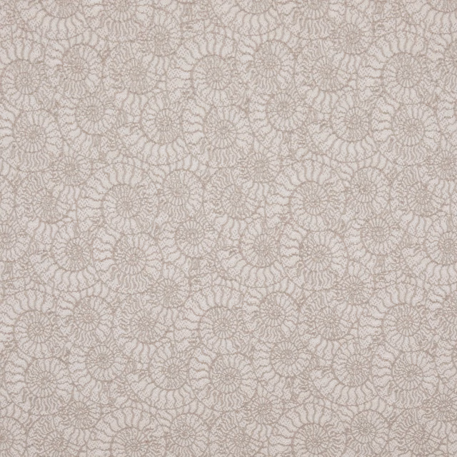 Pale taupe textile with dense tonal rosette tracery and a softly textured surface