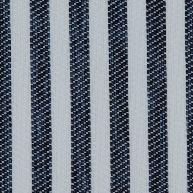 Ink navy and pale blue-grey vertical stripes with a crisp, textured weave
