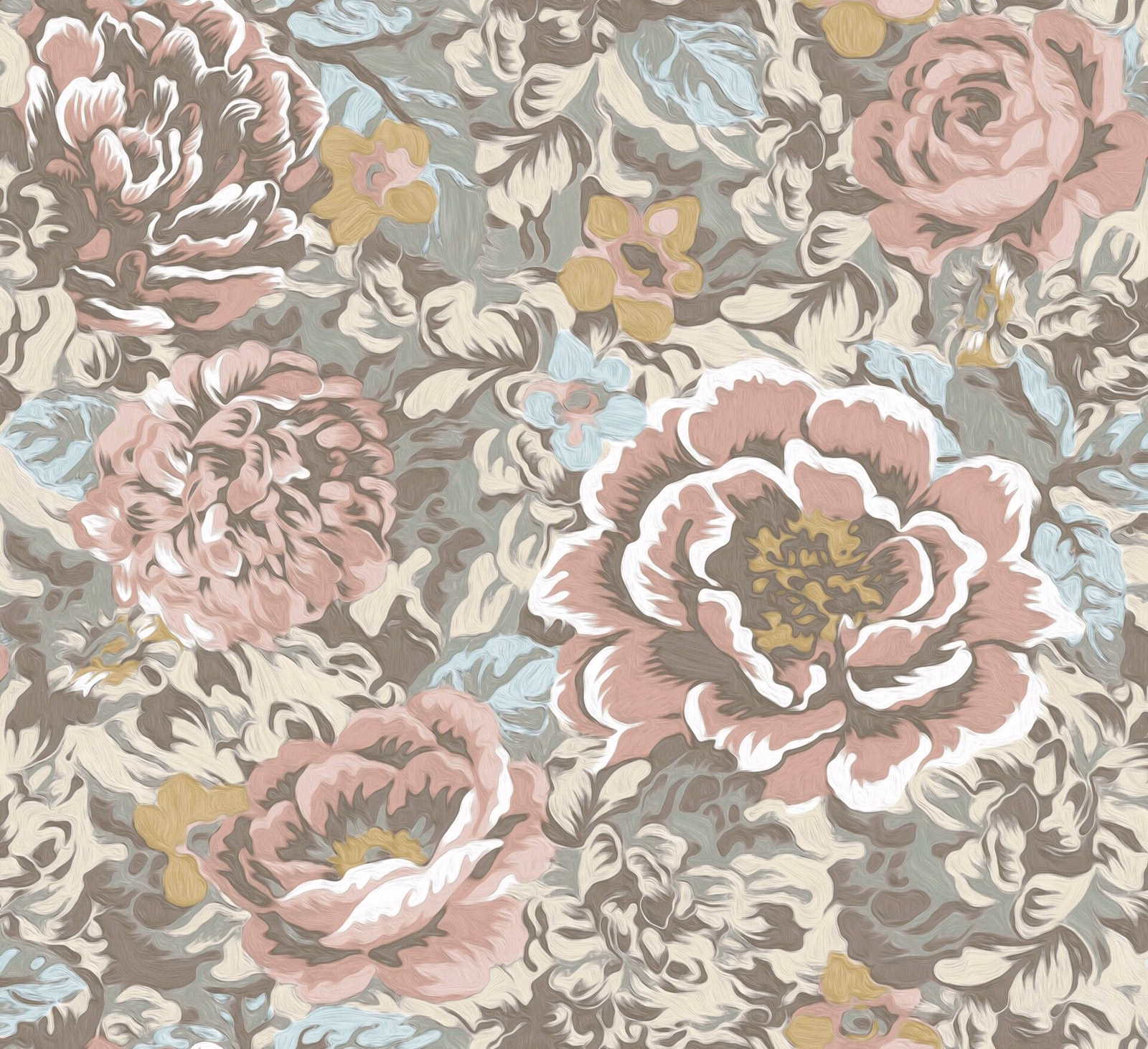 Dusty rose peonies, sage leaves and pale blue accents in a painterly floral textile