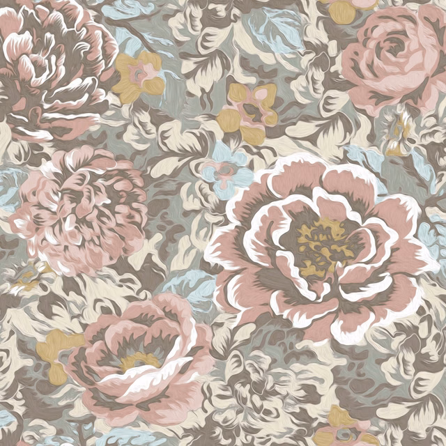 Dusty rose peonies, sage leaves and pale blue accents in a painterly floral textile