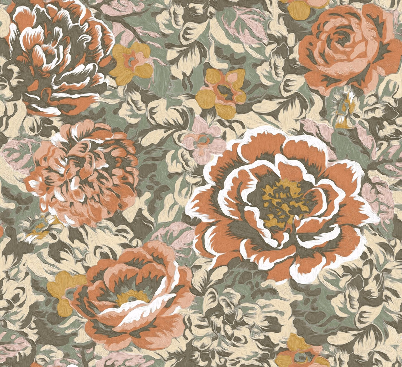 Muted prairie floral textile with rust peonies, sage foliage and cream highlights