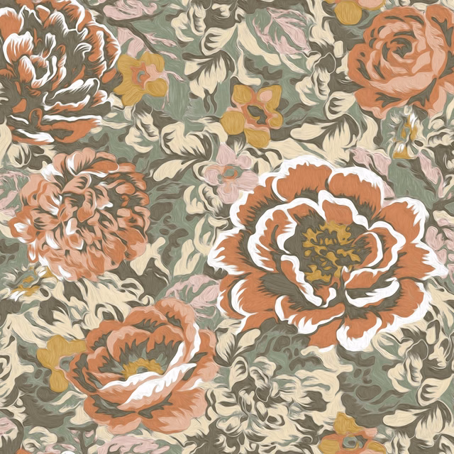 Muted prairie floral textile with rust peonies, sage foliage and cream highlights