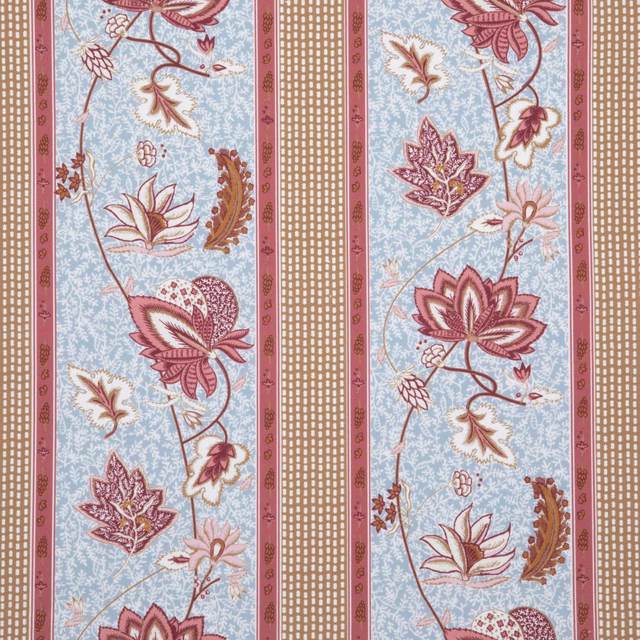 Pale blue floral textile with burgundy blooms, rose borders and tan lattice stripes