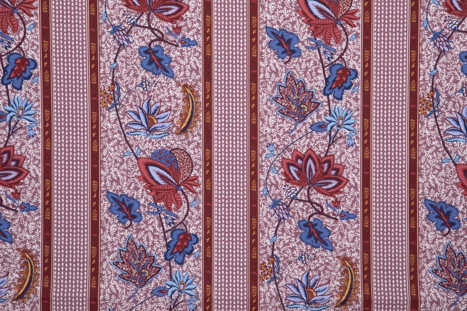 Dusky cherry floral stripes with blue leaves and fine geometric bands