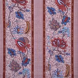Dusky cherry floral stripes with blue leaves and fine geometric bands